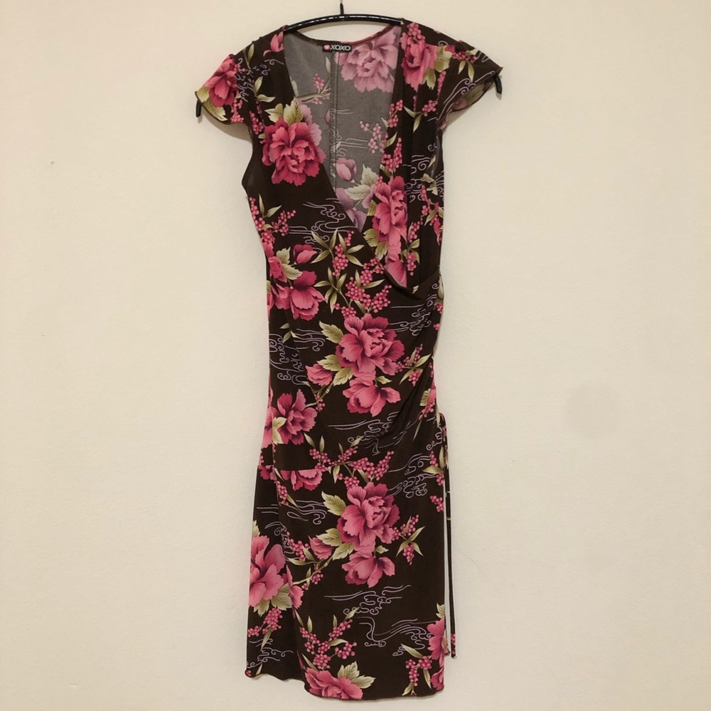 Pretty brown dress with pink floral design wrap